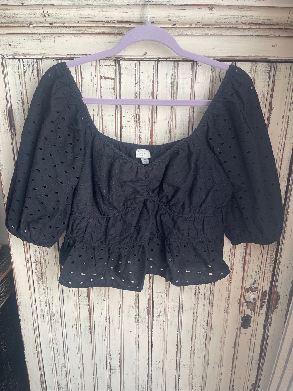 Black Eyelet Puff-Sleeve Peplum Top